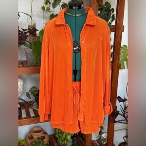 Vibrant Orange Pleated Button-Up Shirt and Shorts Set